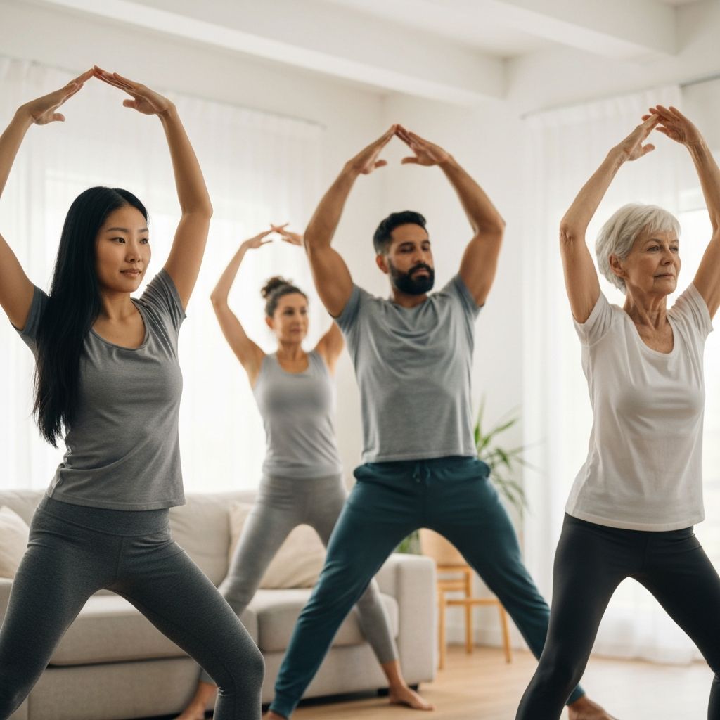 People performing gentle home mobility exercises together